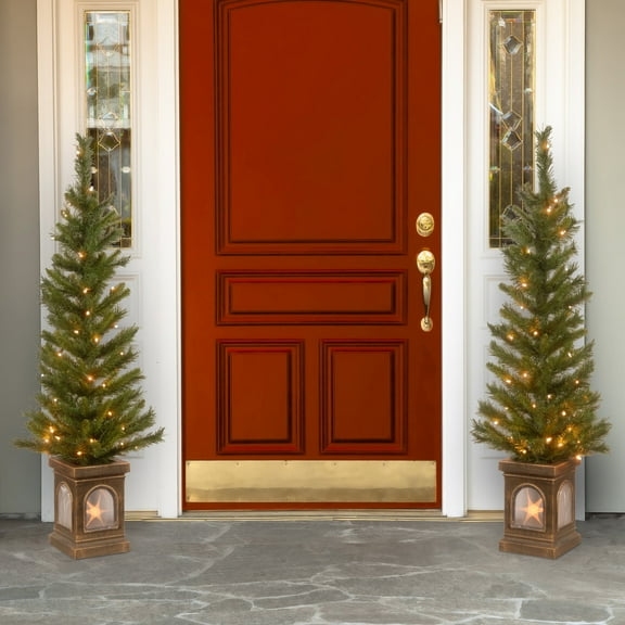 National Tree Company 4 ft. Pre-Lit Artificial Lehigh Valley Pine Christmas Entrance Trees, Clear Lights, Set of Two, Includes Lighted Base