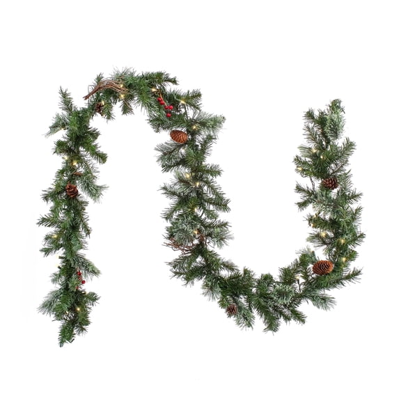 National Tree Company 9 ft. Pre-Lit Glistening Pine Artificial Christmas Garland, Green, Pine Cones, Red Berries, Twigs, 50 Clear Lights