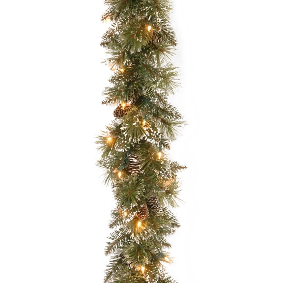 National Tree Company Pre-Lit Artificial Christmas Garland, Green, Glittery Bristle Pine, White Lights, Decorated with Pine Cones, Battery Operated, Christmas Collection, 9 Feet
