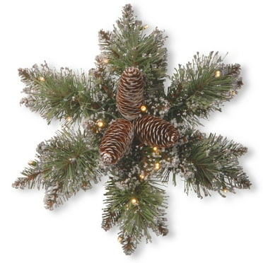 National Tree Company Pre-Lit Artificial Christmas Snowflake, Green, Glittery Bristle® Pine,  Silver Glitter Bristle, Pine Cones, 15 Warm White Battery Operated LED Lights, Timer, 14 Inch