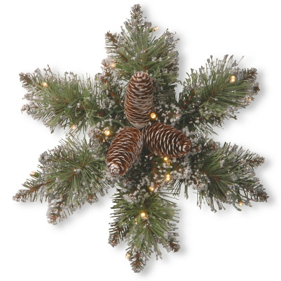 National Tree Company Pre-Lit Artificial Christmas Snowflake, Green, Glittery Bristle® Pine, Silver Glitter Bristle, Pine Cones, 15 Warm White Battery Operated LED Lights, Timer, 14 Inch