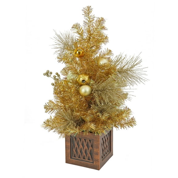 National Tree Company 3 ft. Pre-Lit Artificial Christmas Tabletop Tree, Gold, Gold Ball Ornaments, 35 Warm White Lights, Battery Operated, Remote Control, Bronze Square Base