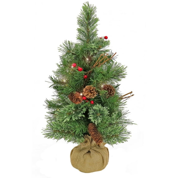 National Tree Company 2 ft. Pre-Lit Artificial Christmas Tabletop Tree, Green, Glistening Pine, Pine Cones, Twigs, Red Berries, Burlap Base, 15 Warm White Battery Operated LED Lights, Timer
