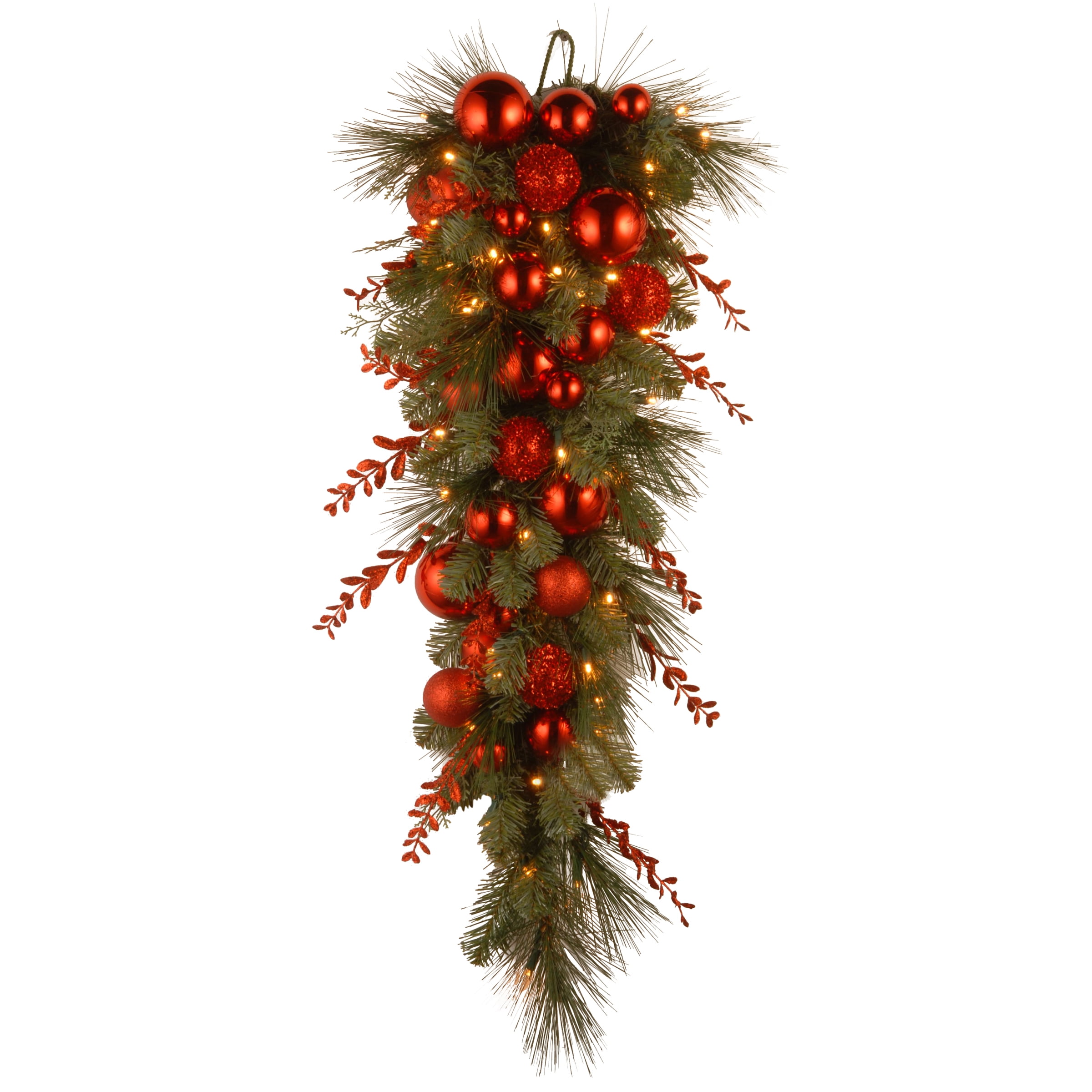 National Tree Company Pre-Lit Artificial Christmas Teardrop, Green, Evergreen, White Lights, Decorated with Red Ball Ornaments, Branches, Christmas Collection, 36 Inches