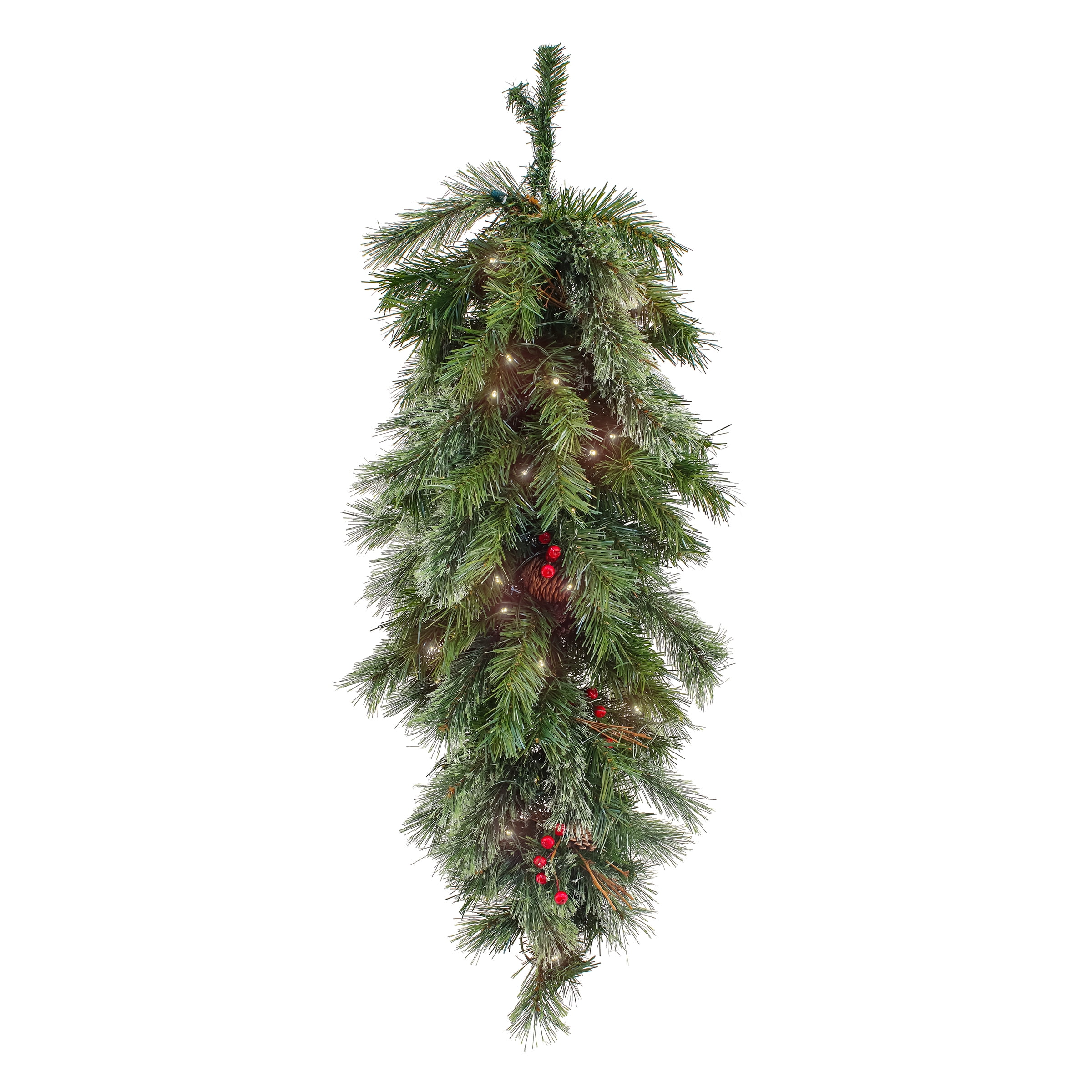 National Tree Company Pre-Lit Artificial Christmas Teardrop Wreath, Green, Glistening Pine, Red Berries, Twigs, Pine Cones, 50 Warm White Battery Operated LED Lights, Timer, 36 Inch