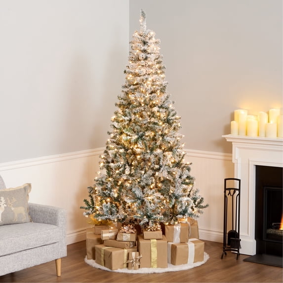 National Tree Company 7.5 ft Pre-Lit Flocked Acacia Full Artificial Christmas Tree, 450 Clear Lights, 1,009 Tips, Includes Stand, Green
