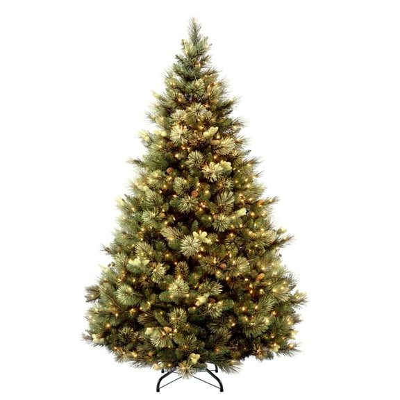 National Tree Company Pre-Lit Artificial Christmas Tree, Green, Carolina Pine, Clear Lights, Flocked with Pine Cones, Includes Stand, 6.5 Feet