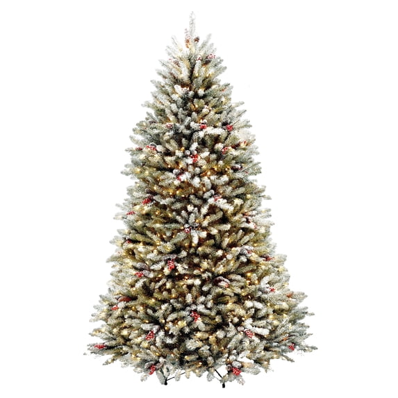 National Tree Company 7 ft. Pre-Lit Artificial Christmas Tree, Green, Dunhill Fir, Clear Lights, Decorated with Pine Cones, Berry Clusters, Frosted Branches, Includes Stand