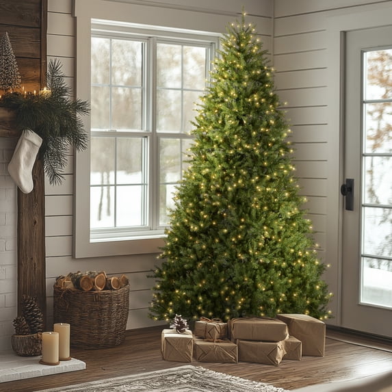 National Tree Company 8 ft. Pre-Lit Artificial Christmas Tree, Green, Dunhill Fir, Clear Lights, Includes Stand