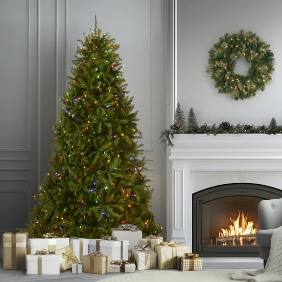 National Tree Company 7.5 ft Pre-Lit Dunhill Fir Artificial Christmas Tree, 700 LED Lights, 2,514 Tips, PowerConnect, Foot Pedal, 10 Light Functions, Includes Stand, Green