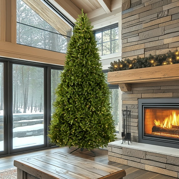 National Tree Company 12 ft Pre-Lit Dunhill Fir Artificial Christmas Tree, 1,200 LED Lights, 7,794 Tips, PowerConnect, Foot Pedal, 10 Light Functions, Includes Stand, Green