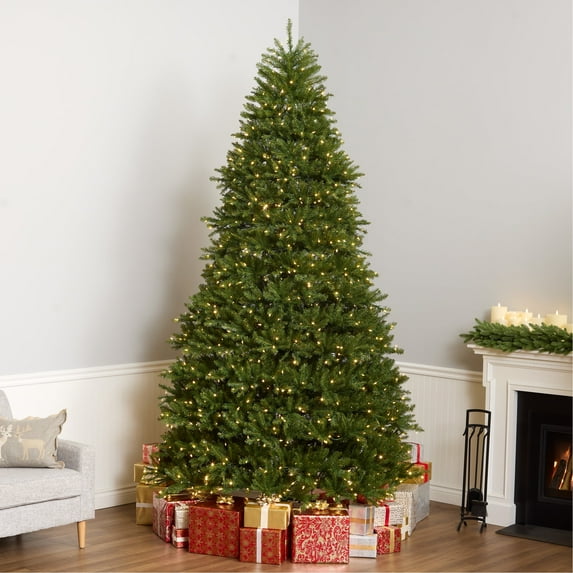 National Tree Company 10 ft Pre-Lit Dunhill Fir Full Artificial Christmas Tree, 1,200 LED Lights, 5,090 Tips, Foot Pedal, 10 Light Functions, Includes Stand, Green