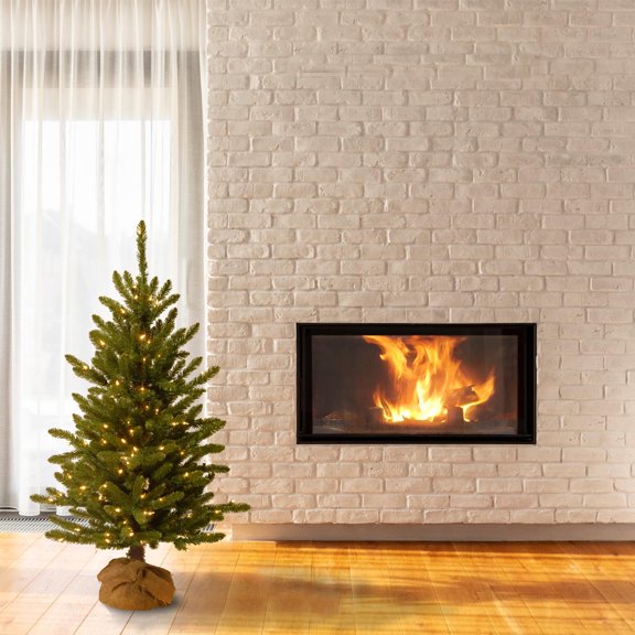 National Tree Company 4 ft. Pre-Lit Artificial Kensington, Green Christmas Tree, Clear Lights, Includes Burlap Base