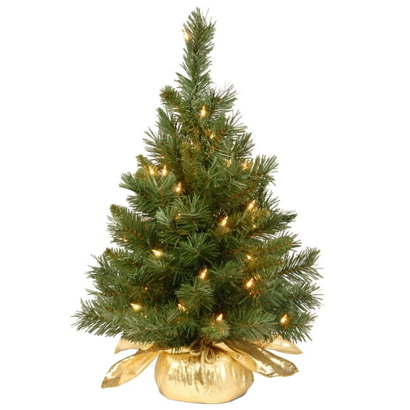 National Tree Company Pre-Lit Artificial Christmas Tree, Majestic Fir, Green, Clear Lights, Includes Gold Cloth Base, 2 Feet