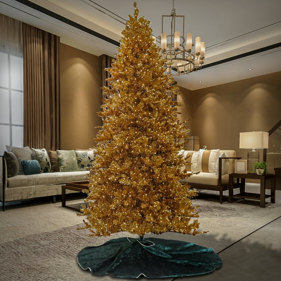 National Tree Company 10 ft. Pre-Lit Artificial Christmas Tree, Metallic Gold, Tinsel, 2720 Warm White LED Rice Lights, Includes Stand