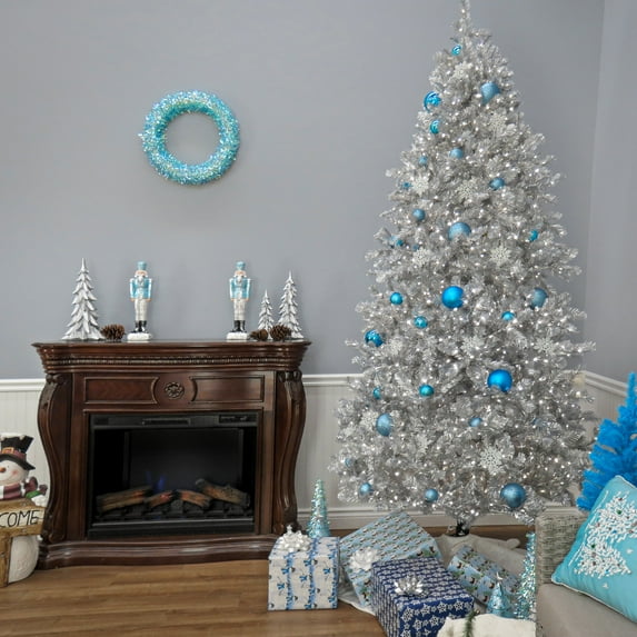 National Tree Company 10 ft. Pre-Lit Artificial Christmas Tree, Metallic Matte Silver, Tinsel, 2720 Cool White LED Rice Lights, Includes Stand