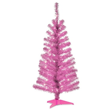 National Tree Company Pre-Lit Artificial Christmas Tree, Pink Tinsel, Clear Lights, Includes Stand, 4 Feet