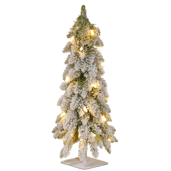National Tree Company Pre-Lit Artificial Christmas Tree, Snowy Downswept, Green, Clear Lights, Includes Stand, 2 Feet