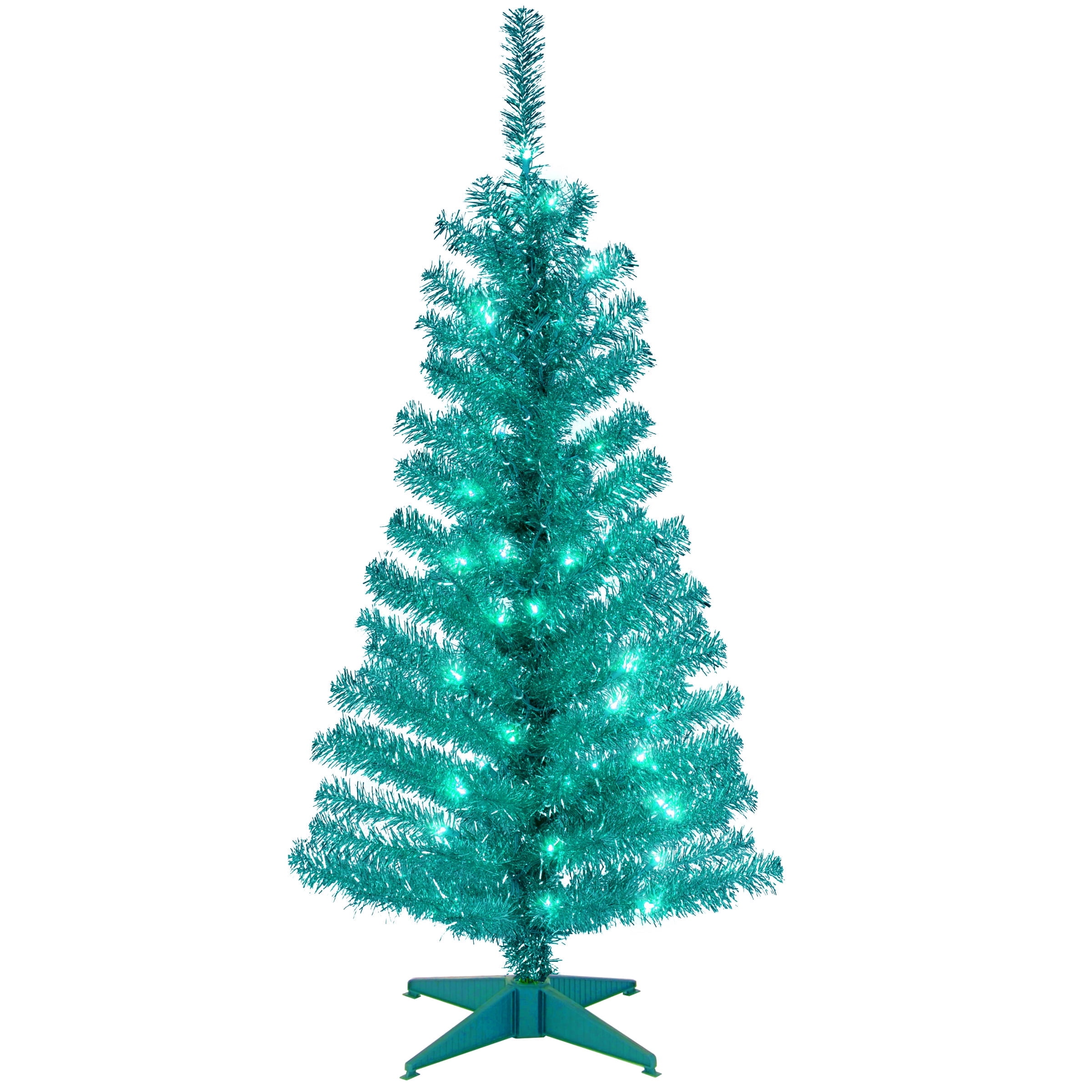 National Tree Company Pre-Lit Artificial Christmas Tree, Turquoise Tinsel, Clear Lights, Includes Stand, 4 Feet