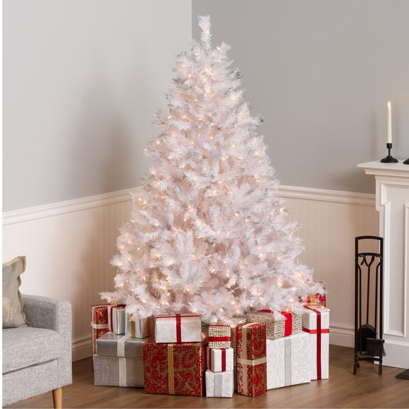 National Tree Company 6.5 ft. Pre-Lit Winchester Pine Artificial Christmas Tree, 400 Clear Lights, 798 Tips, Silver Glitter, Includes Stand, White