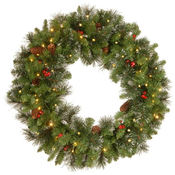 National Tree Company Pre-Lit Artificial Christmas Wreath, Green, Carolina Pine, Clear Lights, Decorated with Pine Cones, Berry Clusters, Frosted Branches, 30 Inches