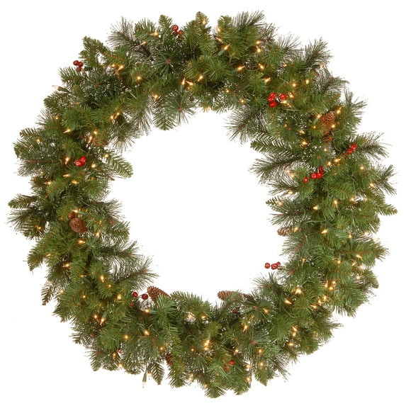 National Tree Company Pre-Lit Artificial Christmas Wreath, Green, Crestwood® Spruce , Clear Lights, Decorated with Pine Cones, Berry Clusters, Frosted Branches, 36 Inches
