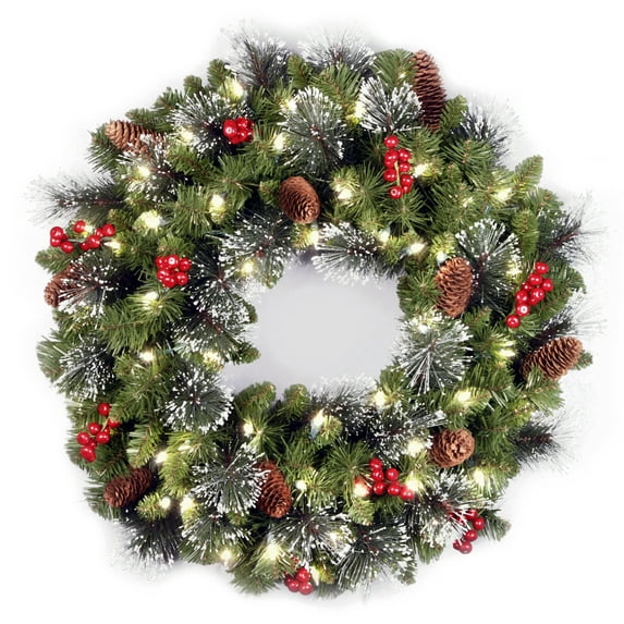 National Tree Company Pre-Lit Artificial Christmas Wreath, Green, Crestwood® Spruce , Warm White Lights, LED, Decorated with Pine Cones, Berry Clusters, Frosted Branches, 24 Inches