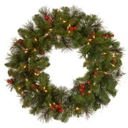 National Tree Company Pre-Lit Artificial Christmas Wreath, Green, Crestwood Spruce, White Lights, Decorated with Pine Cones, Berry Clusters, Christmas Collection, 24 Inches