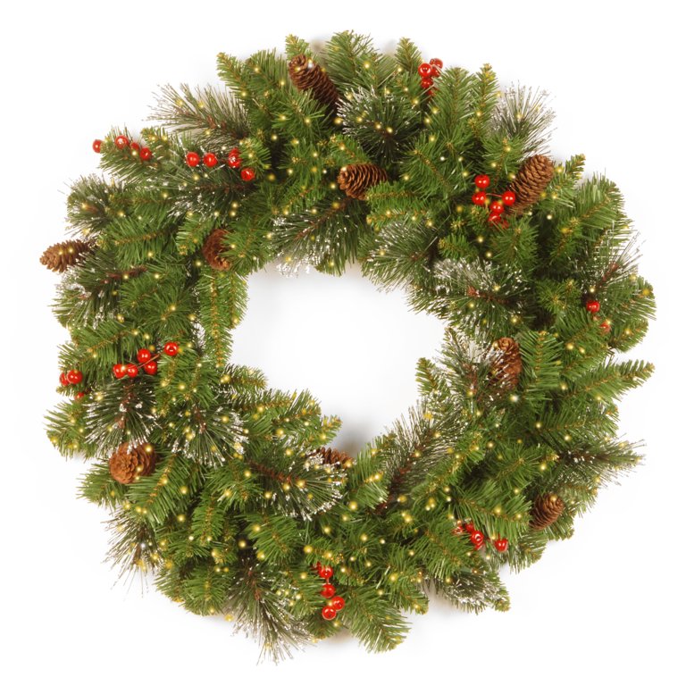 National Tree Company Pre-Lit Artificial Christmas Wreath, Green, Crestwood  Spruce, White Lights, Decorated with Pine Cones, Berry Clusters, Frosted