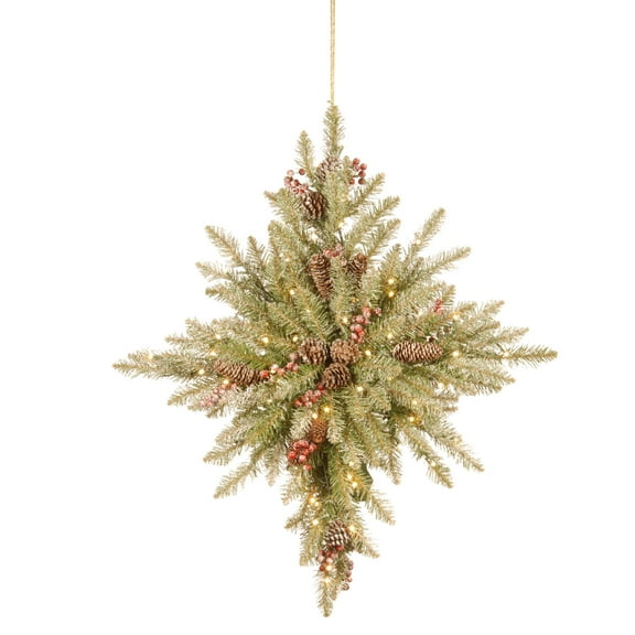 National Tree Company Pre-Lit Artificial Christmas Wreath, Green, Dunhill Fir, Warm White Lights, LED, Battery Operated, Timer, Berries and Pinecones, 32 Inch