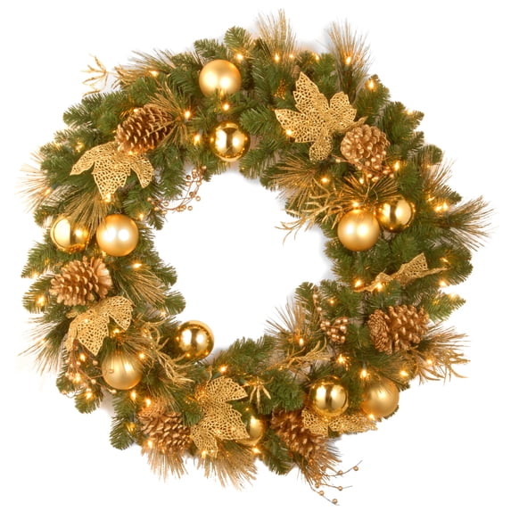 National Tree Company Pre-Lit Artificial Christmas Wreath, Green, Elegance, White Lights, Decorated with Pine Cones, Berry Clusters, Ball Ornaments, Christmas Collection, 36 Inches