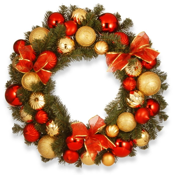 National Tree Company Pre-Lit Artificial Christmas Wreath, Green, Evergreen, White Lights, Decorated with Ball Ornaments, Ribbon Bows, Christmas Collection, 30 Inches
