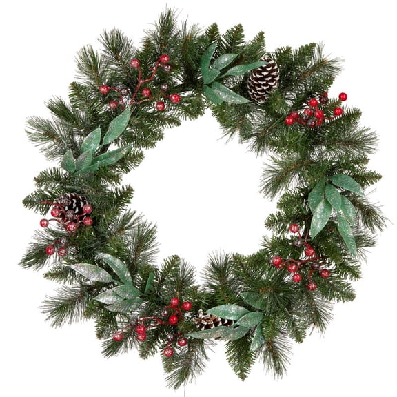 National Tree Company 24in. Frosted Pine Berry Collection Wreath with 5 Pinecones, 8 Sets of Red Berries, 8 Sets of Silver Glittered Eucalyptus Leaves, 50 Warm White Battery Operated LED Lights
