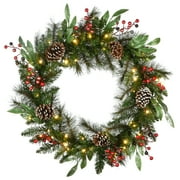 30" Pre-Lit Frosted Pine Berry Artificial Christmas Wreath - LED Lights Battery Operated