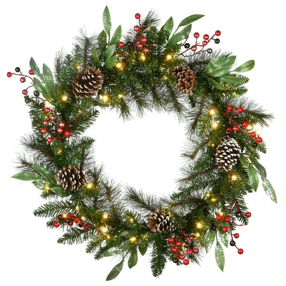 30" Pre-Lit Frosted Pine Berry Artificial Christmas Wreath - LED Lights Battery Operated