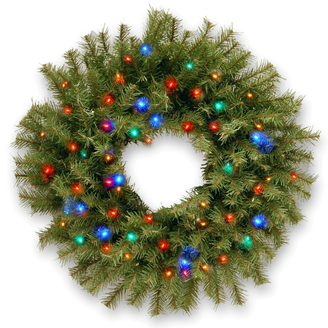 National Tree Company Pre-Lit Artificial Christmas Wreath, Green, Norwood Fir, 50 Multicolor Battery Operated LED Lights, Timer, 24 Inch