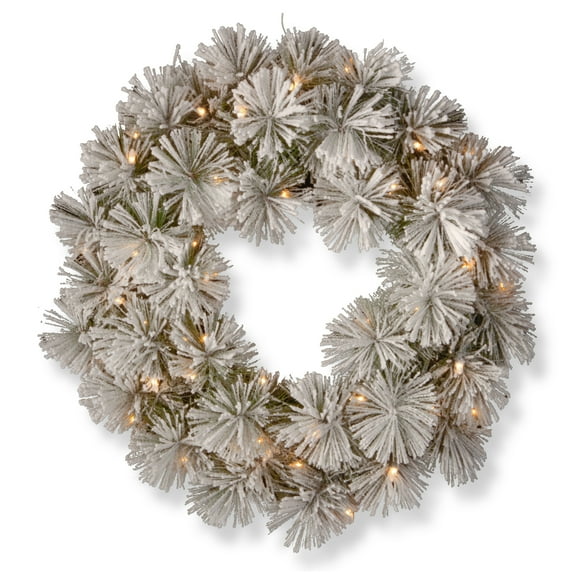 National Tree Company Pre-Lit Artificial Christmas Wreath, Green, Snowy Bristle Pine, White Lights, Decorated with Frosted Branches, Christmas Collection, 24 Inches