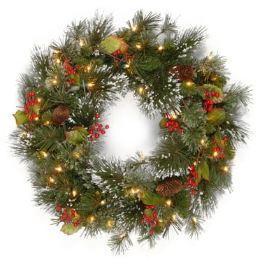 National Tree Company Pre-Lit Artificial Christmas Wreath, Green,  Wintry Pine®, Clear Lights, Decorated with Pine Cones, Berry Clusters, Frosted Branches,  24 Inches