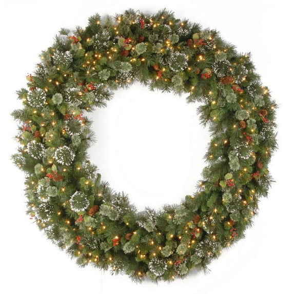 National Tree Company Pre-Lit Artificial Christmas Wreath, Green, Wintry Pine®, Clear Lights, Decorated with Pine Cones, Berry Clusters, Frosted Branches, 60 Inches