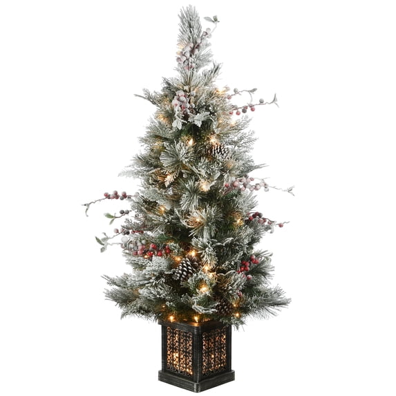 National Tree Company Pre-Lit Artificial Entrance Christmas Tree, Snowy Bedford, Green, Clear Lights, Flocked, Decorative Base, 4 Feet.