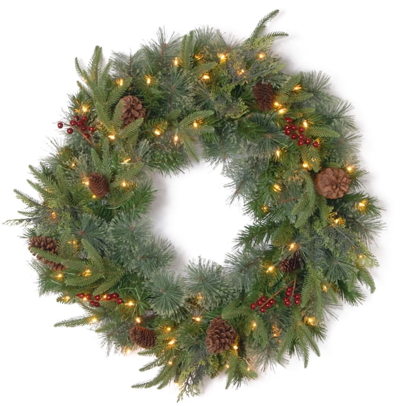 National Tree Company Pre-Lit Artificial 'Feel Real' Christmas Wreath, Green, Colonial Fir, White Lights, Decorated with Berry Clusters, Pine Cones, Christmas Collection, 30 Inches