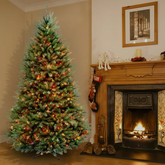 7.5 ft. Pre-Lit Artificial Dunhill Fir Christmas Tree, Green, Multicolor Lights, Includes Stand