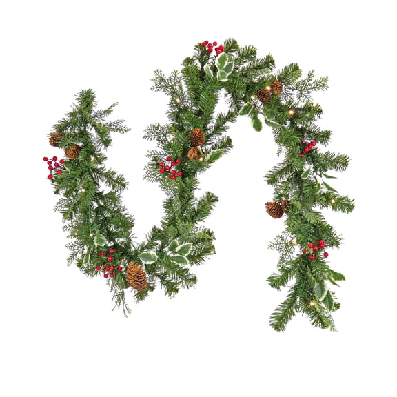 National Tree Company Pre-Lit Artificial Garland, Green,  Christmas Joy, Holly Leaves, Red Berries, Pine Cones,  30 Warm White LED Lights, Battery Operated, Timer, 6 Feet