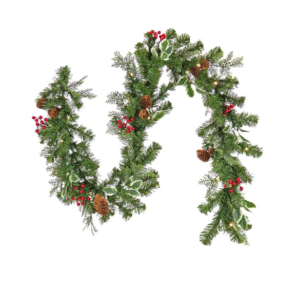 National Tree Company Pre-Lit Artificial Garland, Green, Christmas Joy, Holly Leaves, Red Berries, Pine Cones, 30 Warm White LED Lights, Battery Operated, Timer, 6 Feet