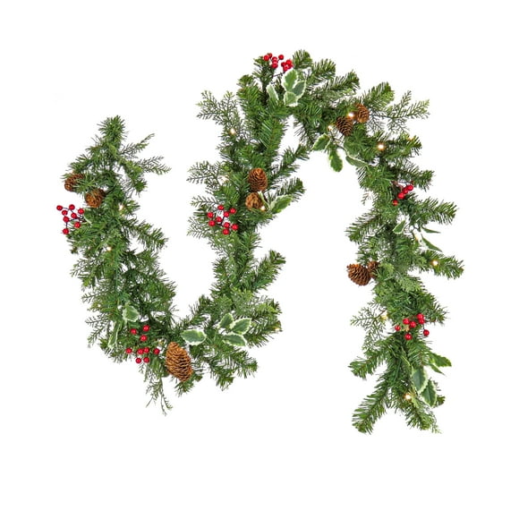 National Tree Company Pre-Lit Artificial Garland, Green,  Christmas Joy, Holly Leaves, Red Berries, Pine Cones,  30 Warm White LED Lights, Battery Operated, Timer, 6 Feet