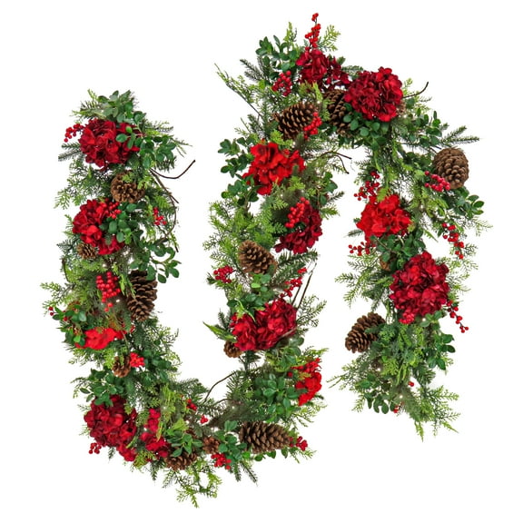 National Tree Company Pre-Lit Artificial Garland, Green, Vienna Waltz, Red Hydrangea, Pine Cones, Red Berries, 100 Warm White Battery Operated LED Lights, Timer, 9 Feet