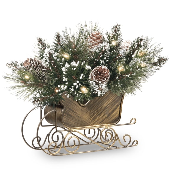 National Tree Company Pre-Lit Artificial Glittery Bristle Pine Sleigh Centerpeice, Warm White Lights, Battery Operated, Timer, Flocked, Berries, Pinecones, 10 Inch.