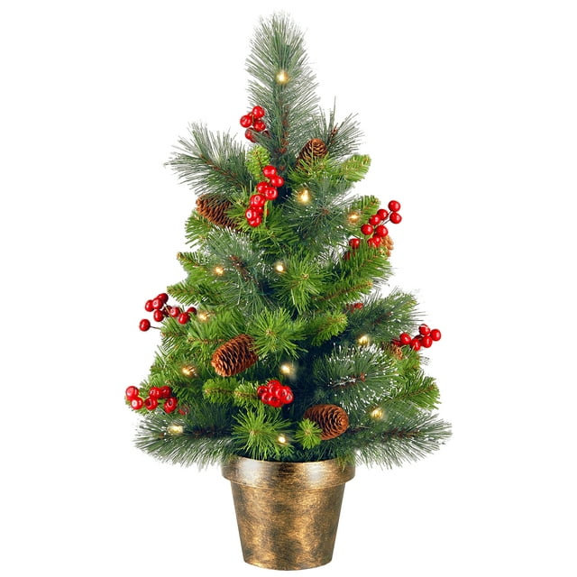 National Tree Company Pre-Lit Artificial Mini Christmas Tree, Green, Crestwood Spruce, White Lights, Decorated with Pine Cones, Berry Clusters, Frosted Branches, Includes Pot Base, 2 Feet