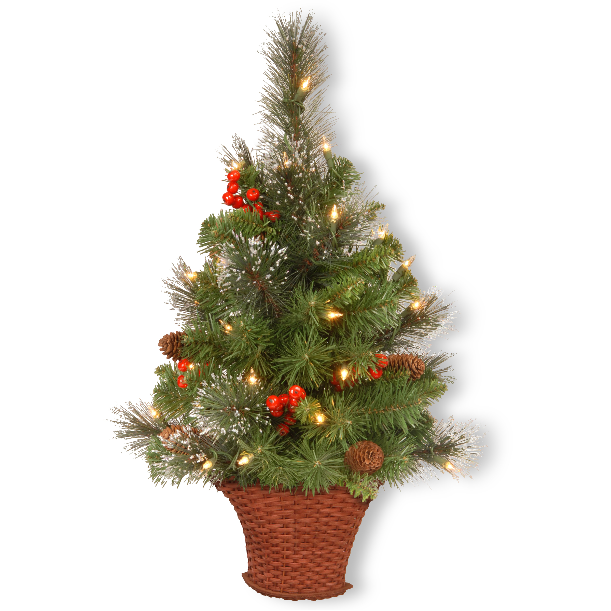 National Tree Company Pre-Lit Artificial Mini Christmas Tree, Green, Crestwood Spruce, White Lights, Decorated with Pine Cones, Berry Clusters, Frosted Branches, Includes Wicker Base, 3 Feet - image 1 of 5
