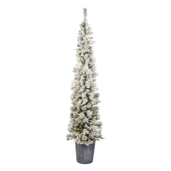 National Tree Company 7 ft. Pre-Lit Artificial Pencil Slim Christmas Entrance Tree, Green, Snowy Methow, Flocked, 250 Warm White LED Lights, Silver Gray Base
